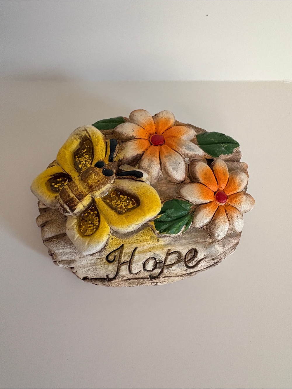 Charming Decorative Accent Stone Hope Flowers Butterfly Orange Yellow Cement